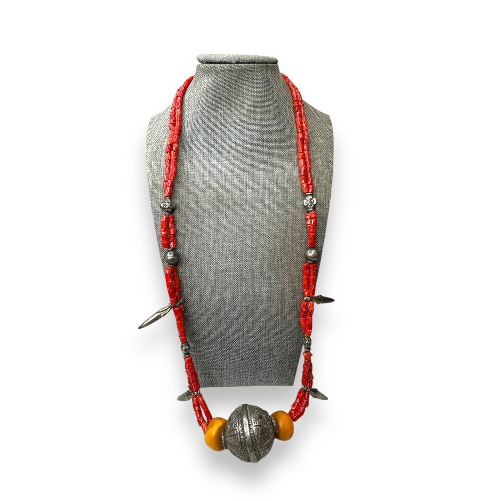 Antique Tribal Necklace Sterling Amber Coral Beads 30" Statement Spring Ring